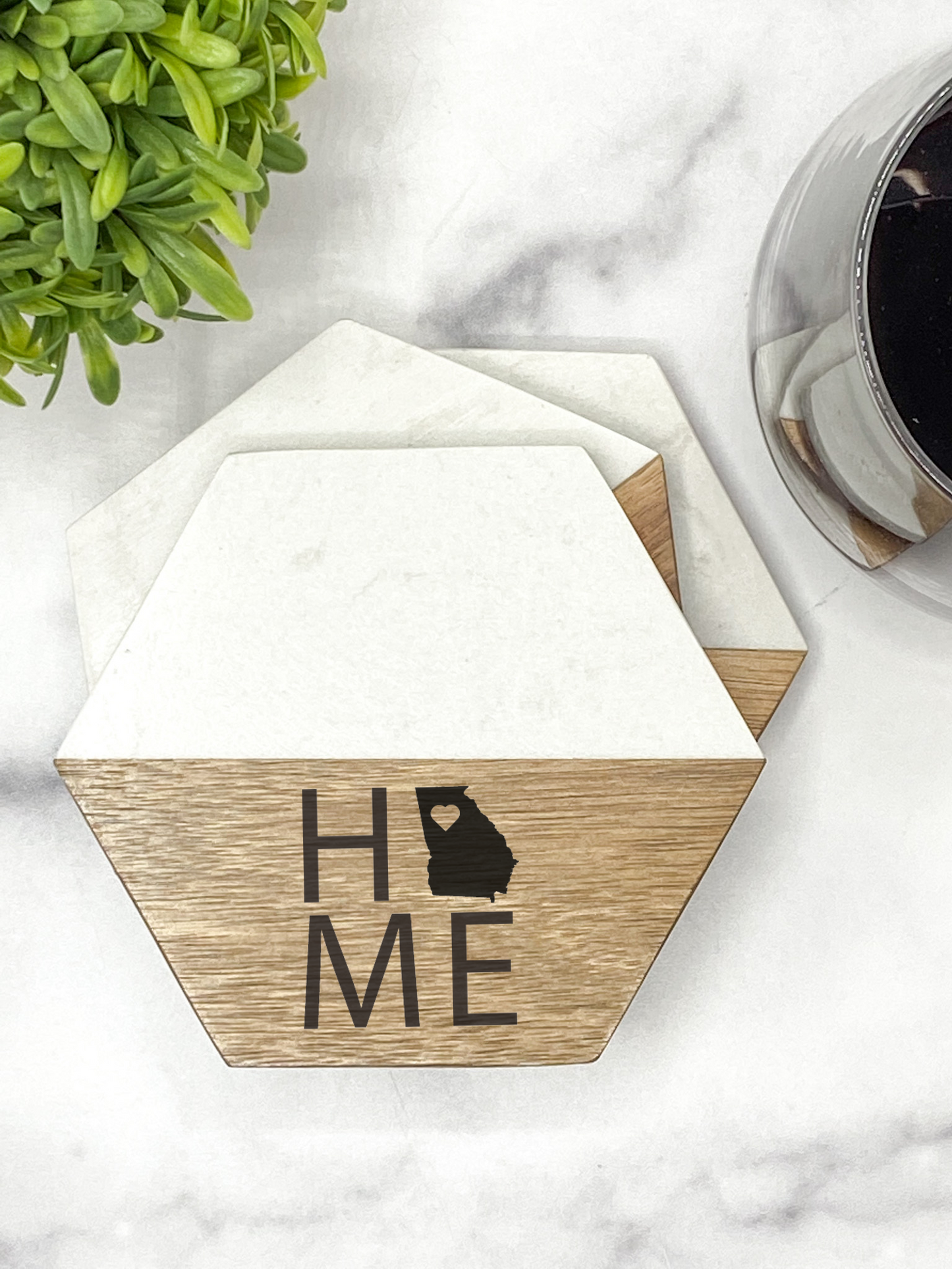 Custom Acacia & Marble Hexagon Coaster