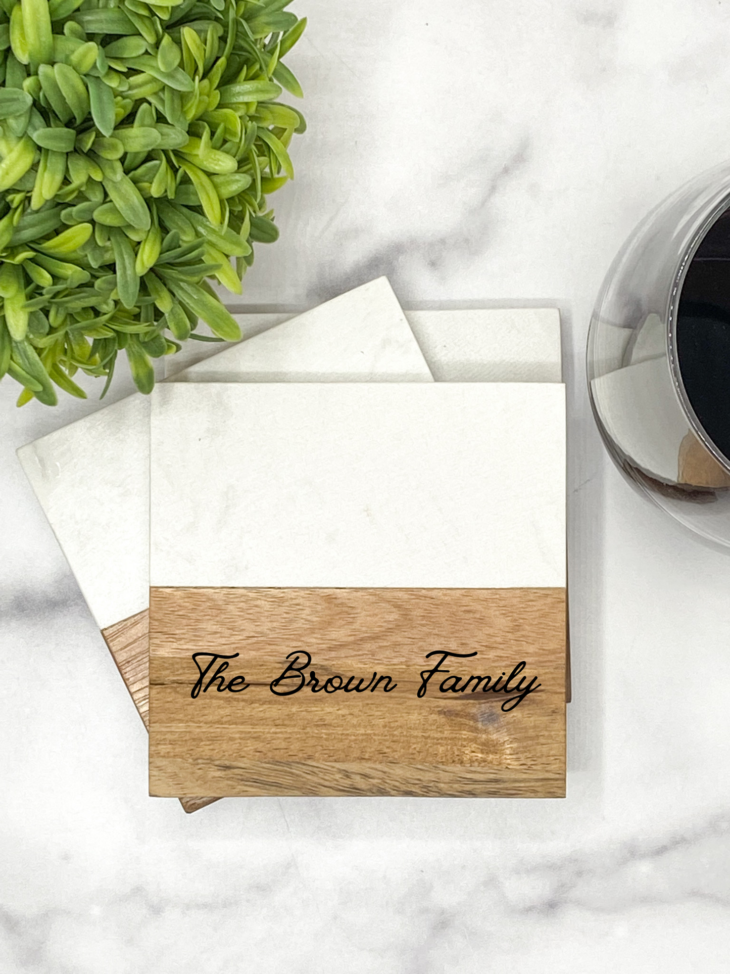 Custom Acacia & Marble Square Coaster