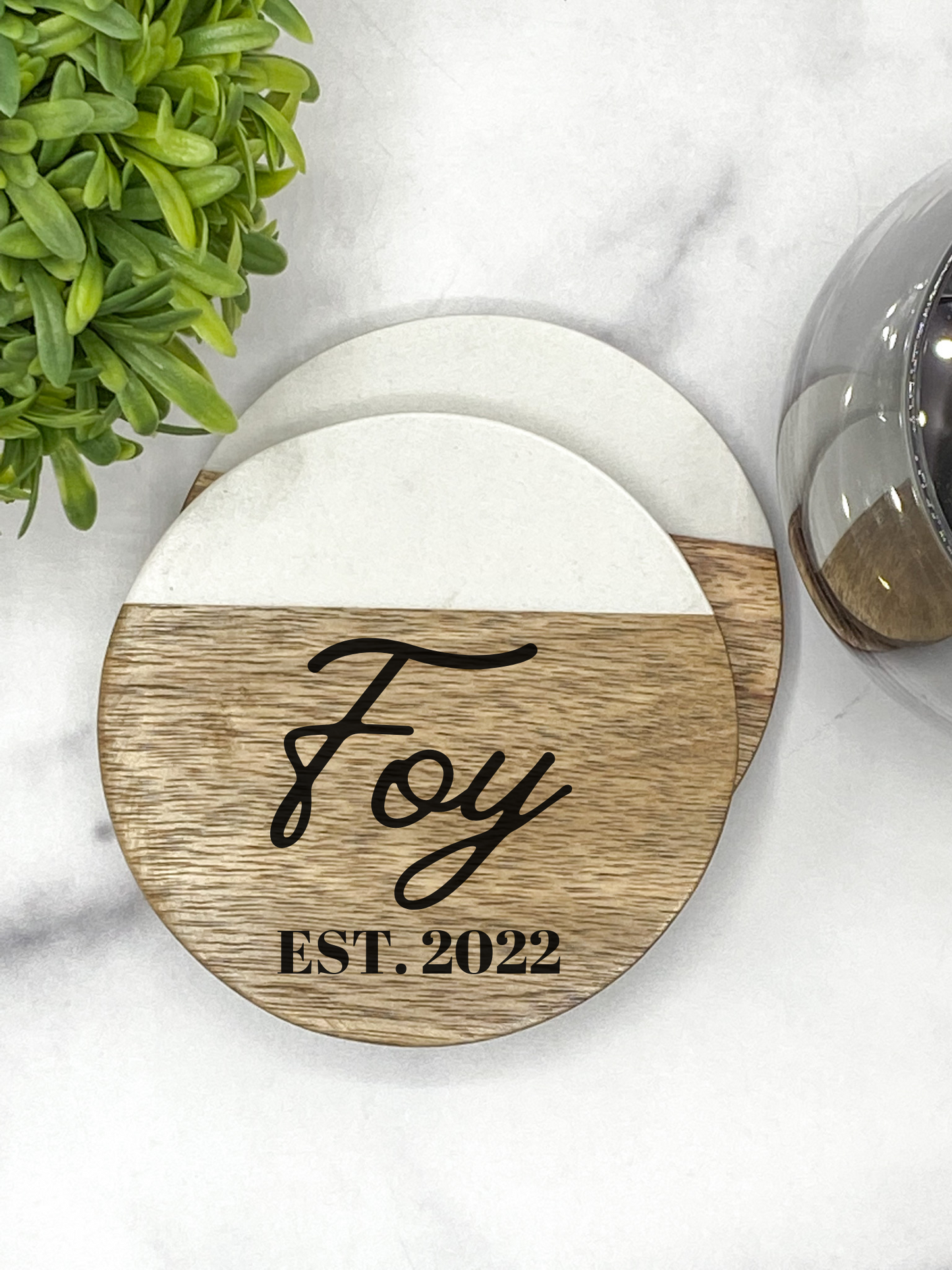 Custom Acacia & Marble Circle Coaster