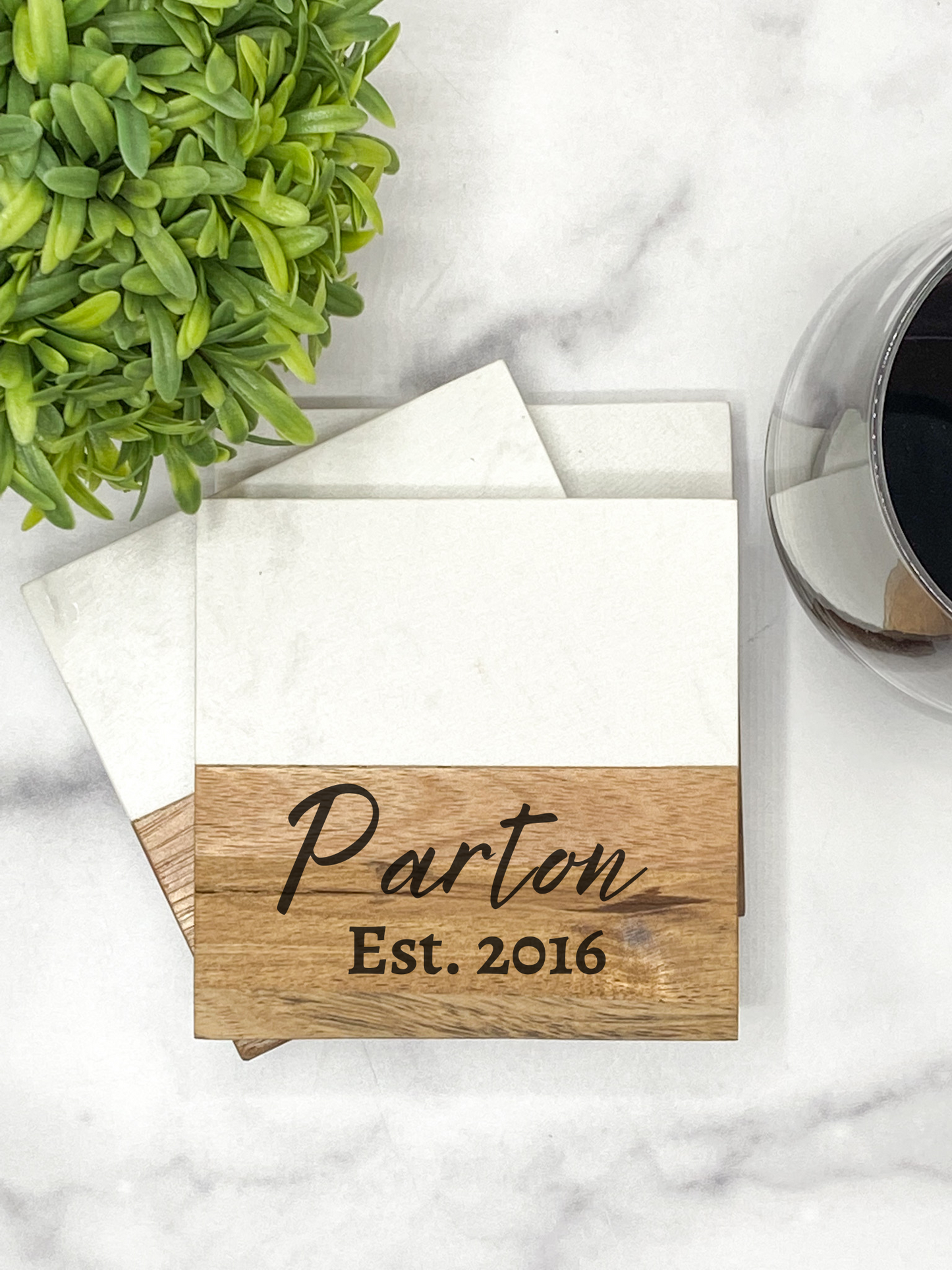 Custom Acacia & Marble Square Coaster