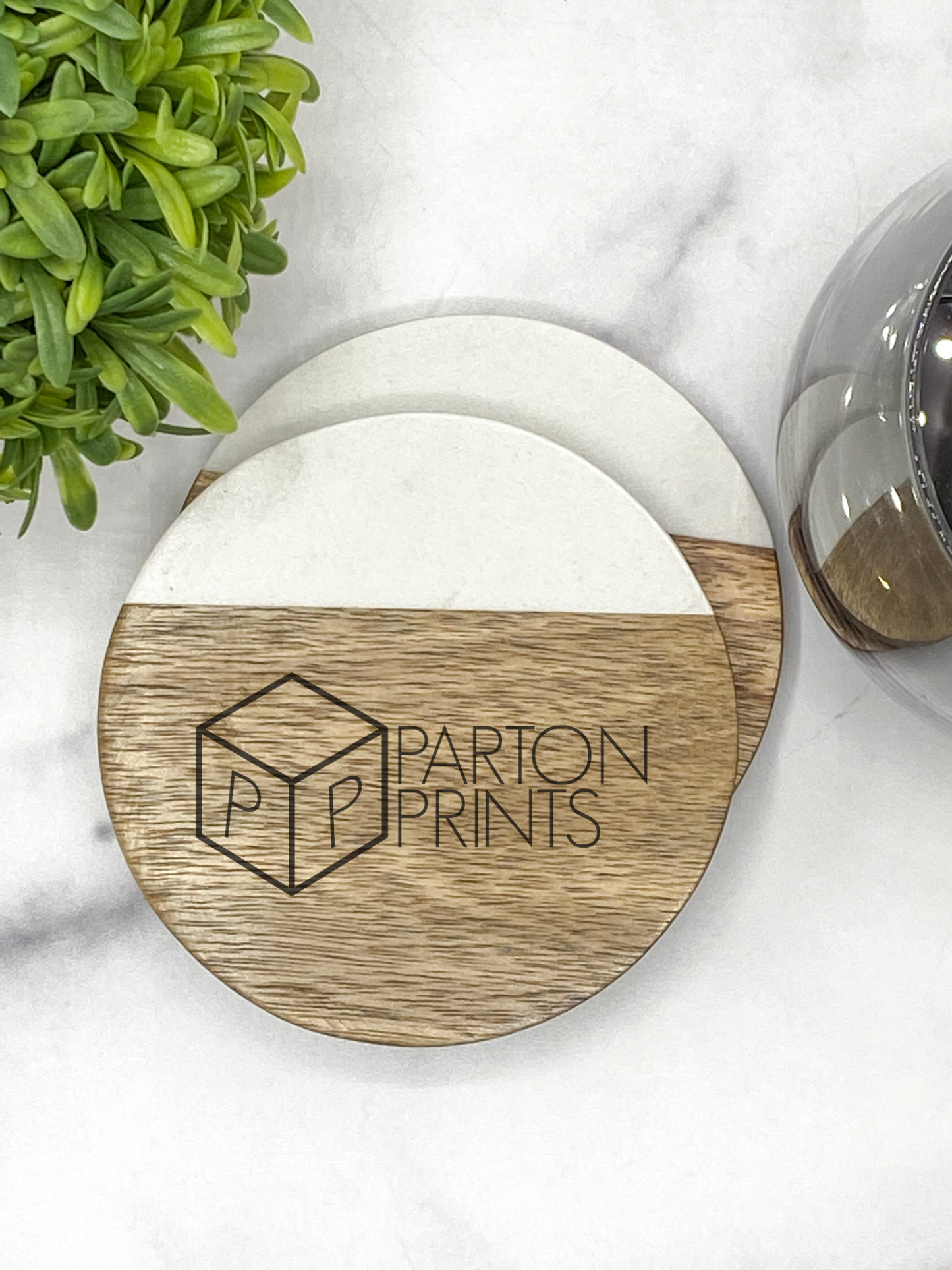Custom Acacia & Marble Circle Coaster