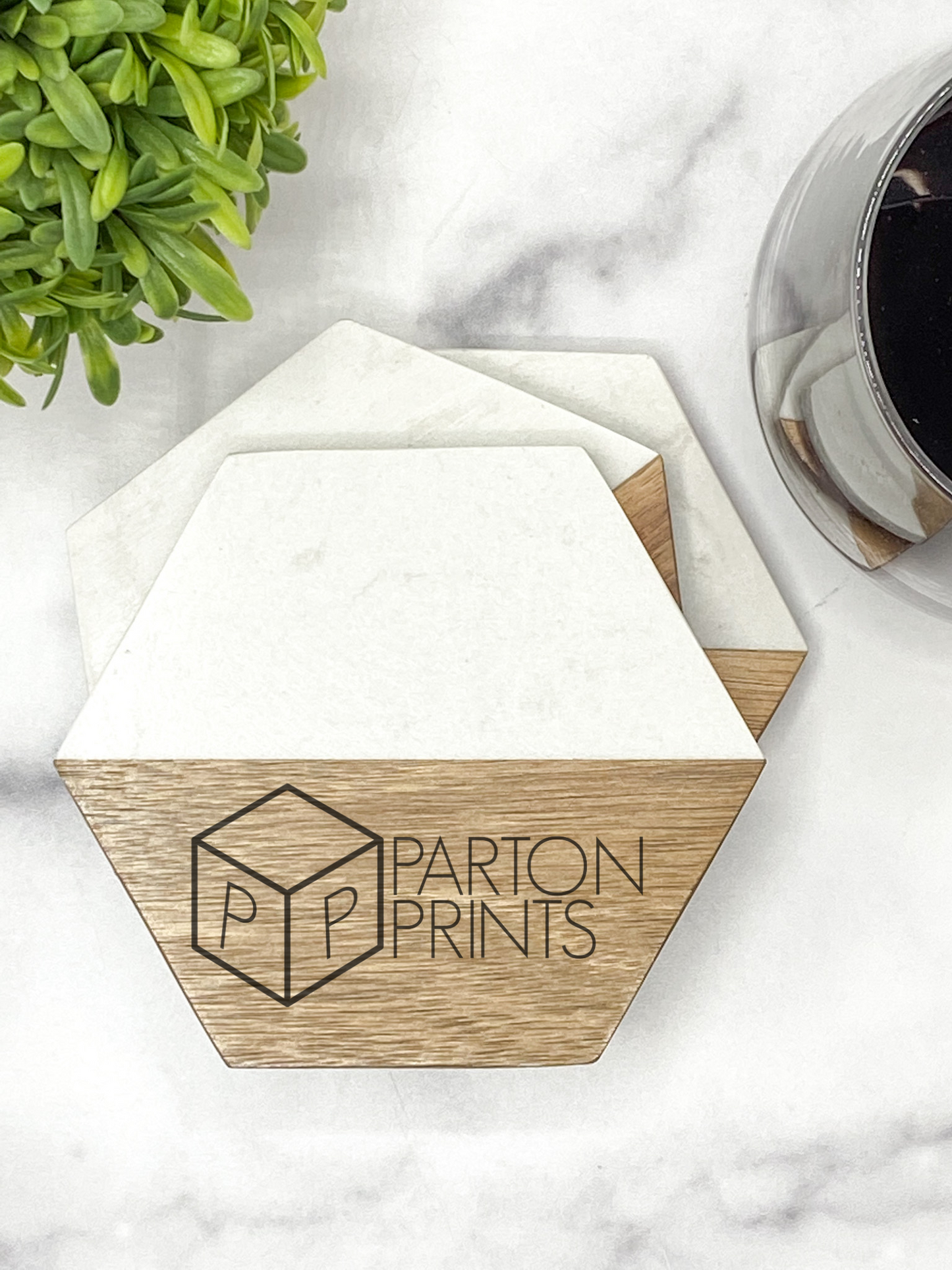 Custom Acacia & Marble Hexagon Coaster