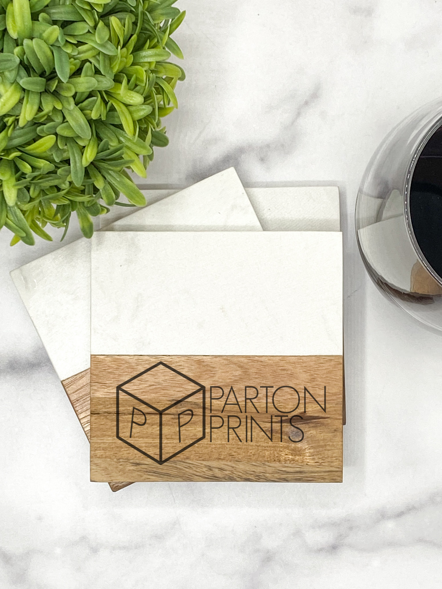 Custom Acacia & Marble Square Coaster