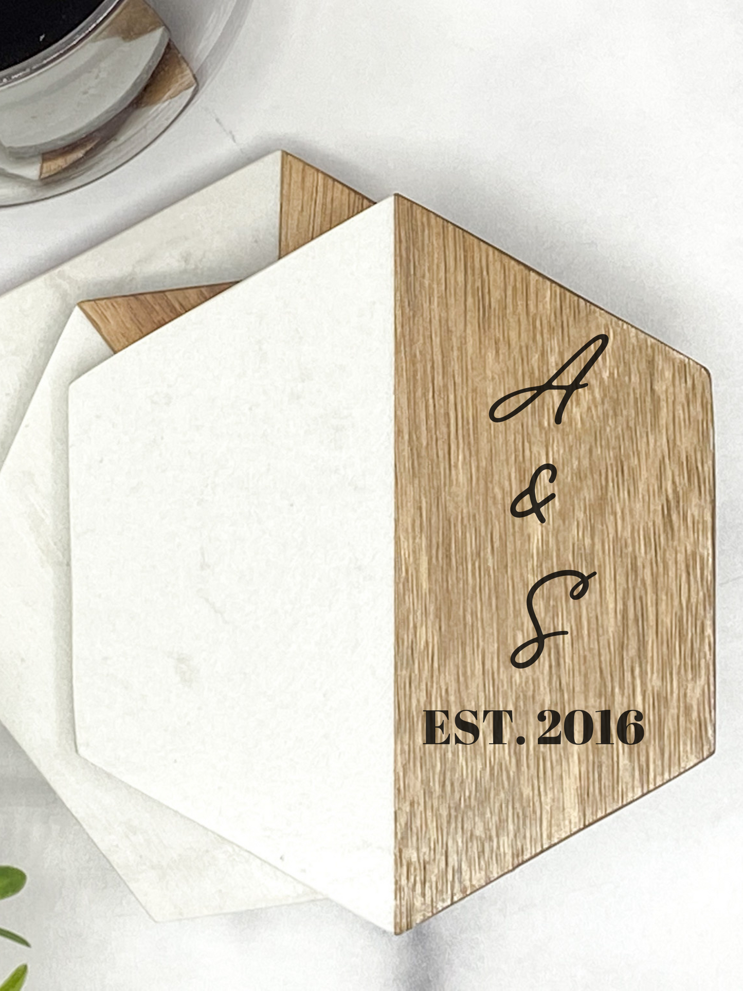 Custom Acacia & Marble Hexagon Coaster