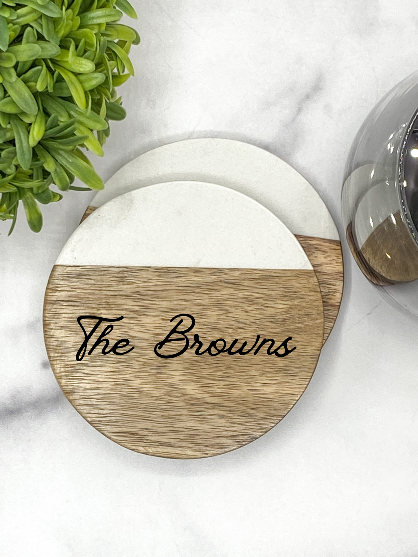 Custom Acacia & Marble Circle Coaster