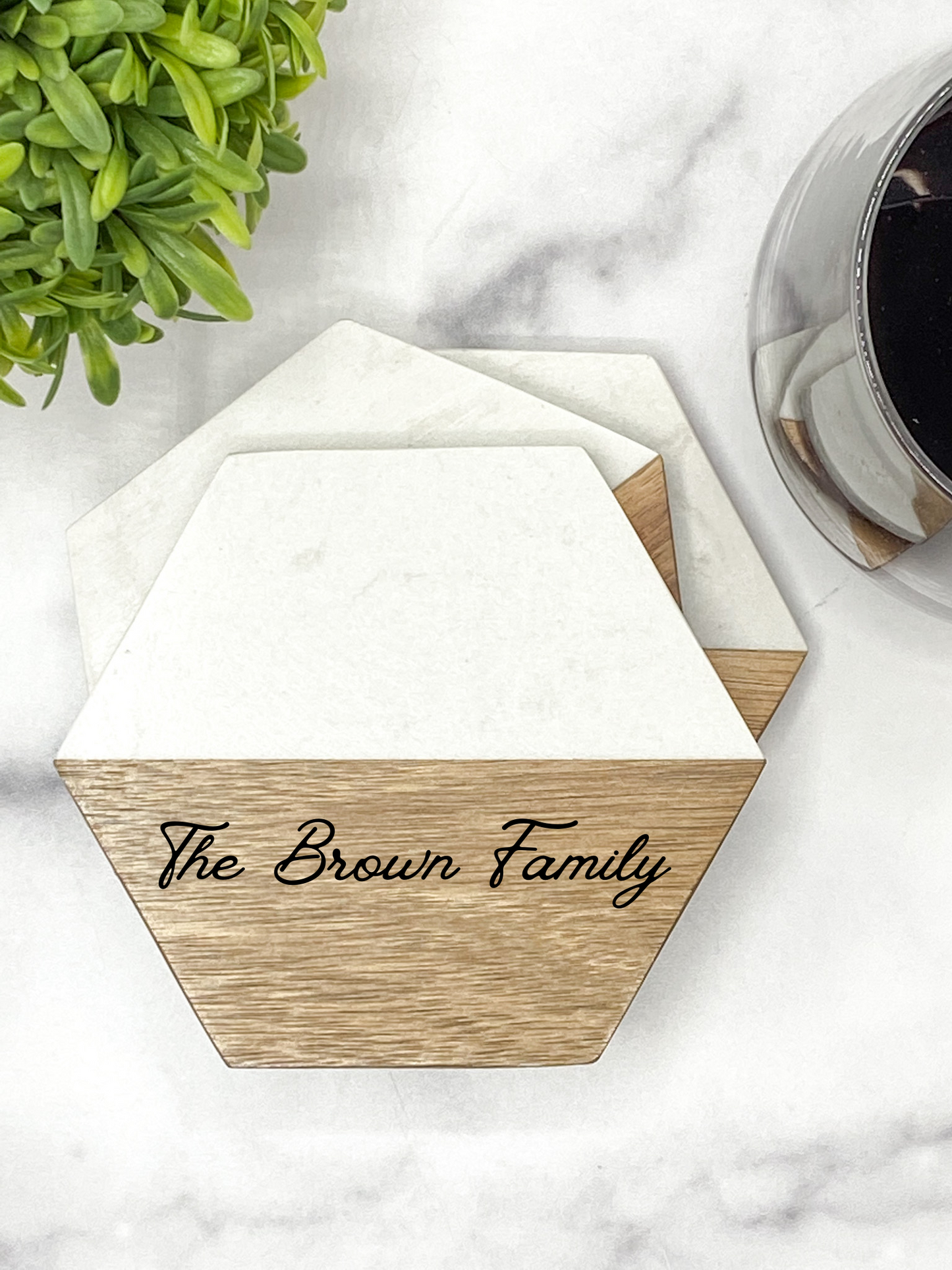 Custom Acacia & Marble Hexagon Coaster