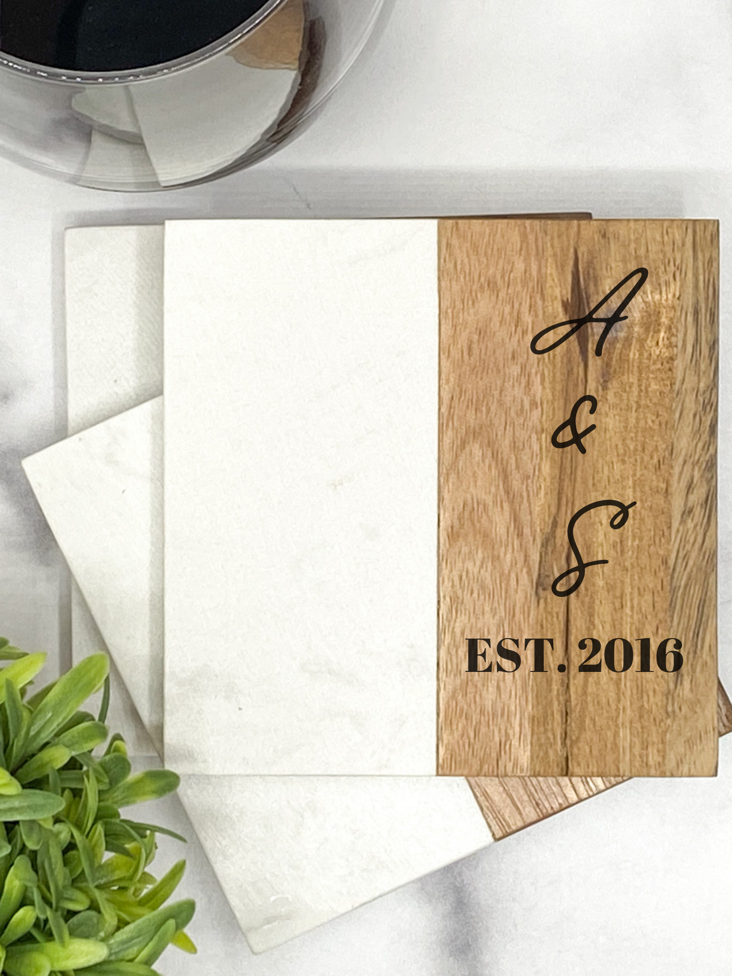 Custom Acacia & Marble Square Coaster